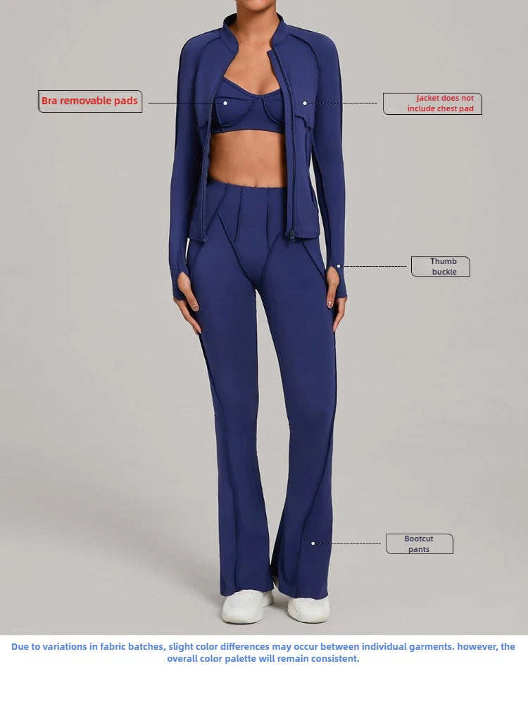 Gym Casual Yoga Set for Women Outdoor Running Fitness Outfit Autumn Winter Tight Sports Three-Piece Set Zipper Coat+bras+pants